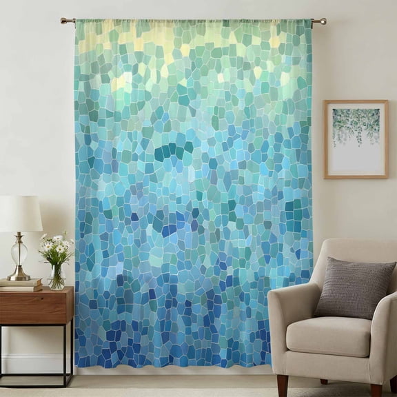 Turquoise Blue Teal Sheer Curtains 84 Inches Long, Chic Stained Glass Texture Aesthetic Light Filering Curtains, Breathable Simi Curtain Privacy Drapes for Living Room Bedroom Window Treatment