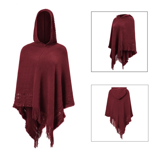 Soft Pullover Poncho Sweater Cape V Neck Knitted Pullover with Hood for Women