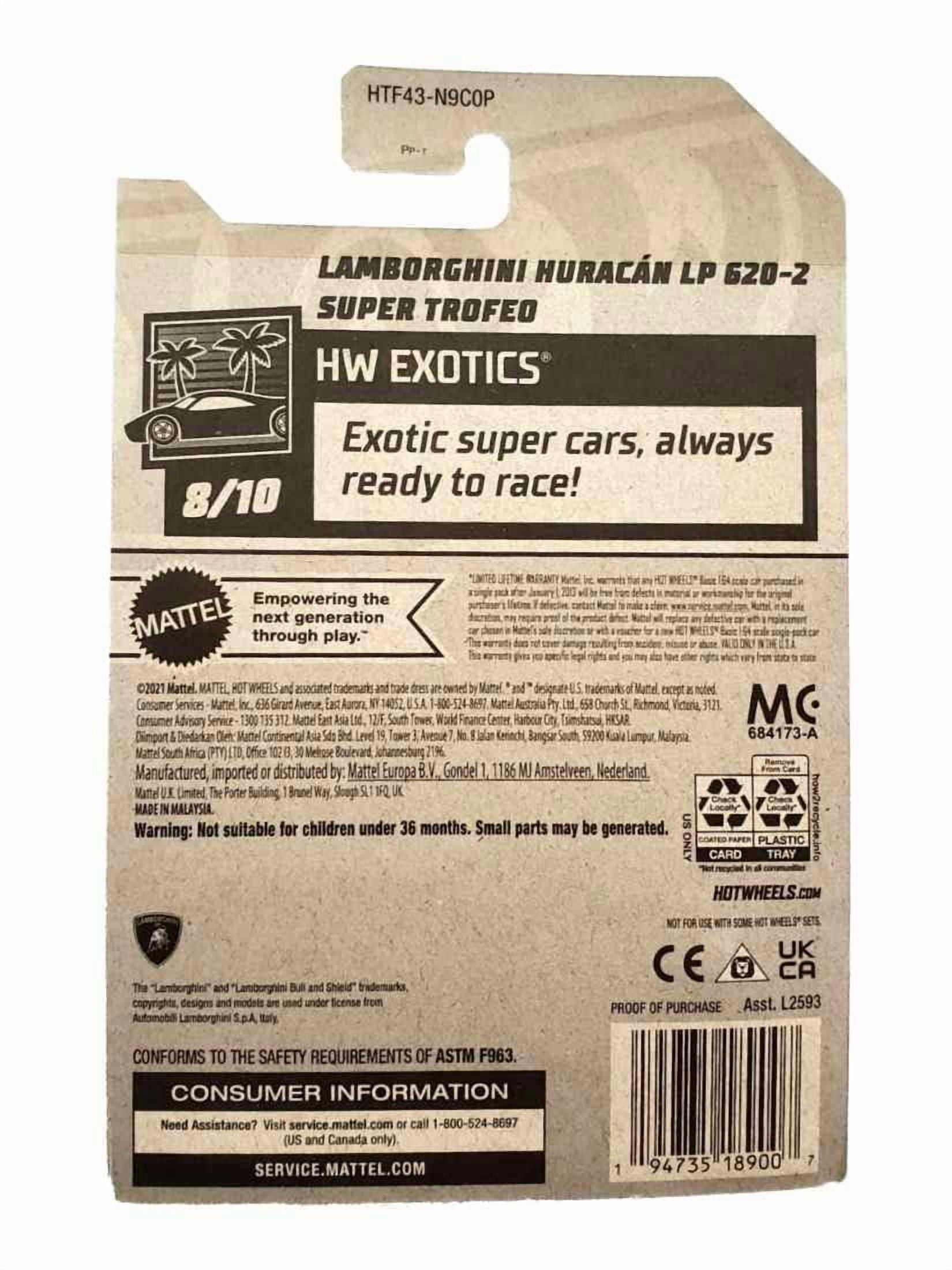 Hot Wheels Treasure Hunt Lamborghini Huracan LP 620-2 Super Trofeo, HW Exotics Series 8/10, Red Die-Cast Car, 2021 Collection