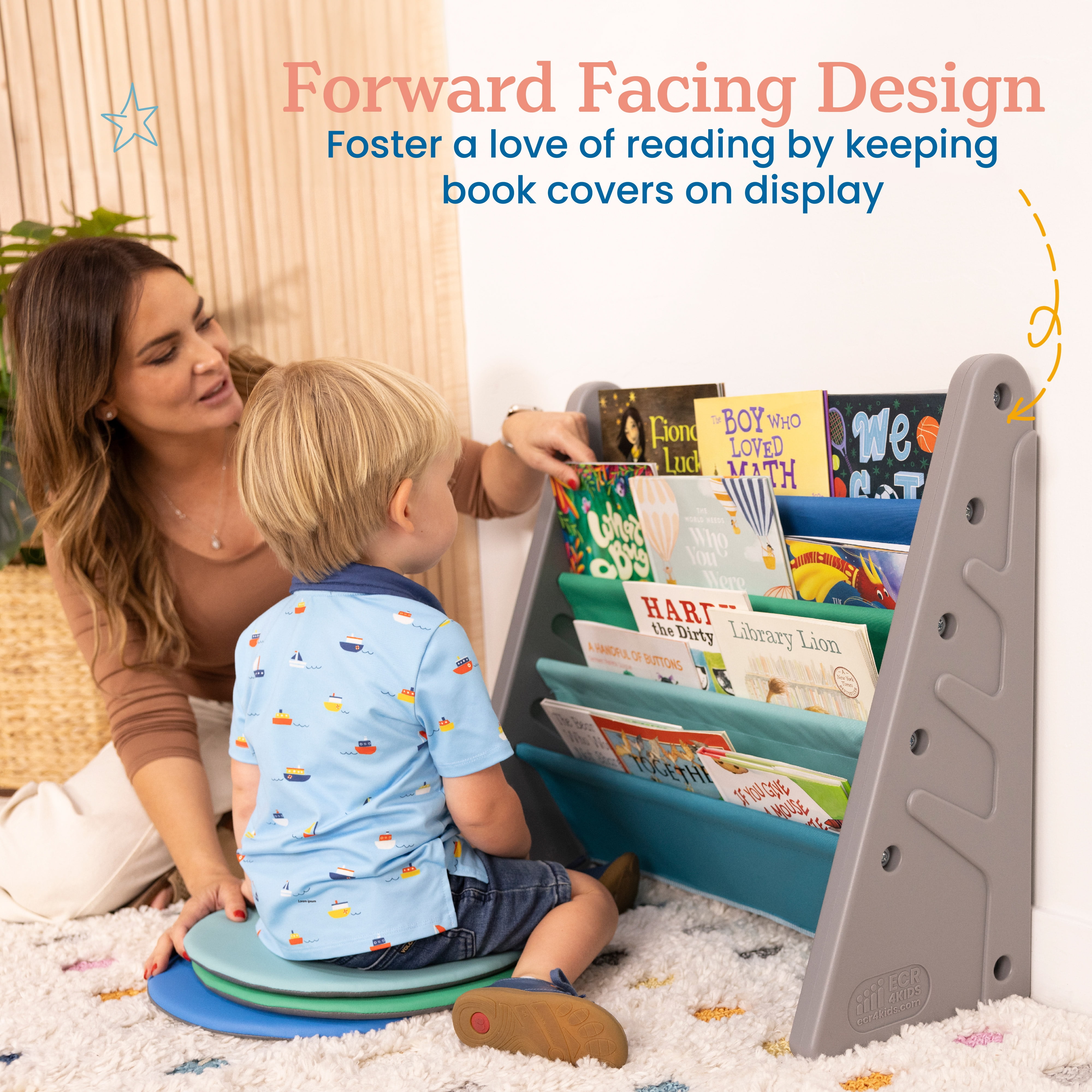 ECR4Kids 4-Tier Sling Book Display with Deep Fabric Pockets, Contemporary