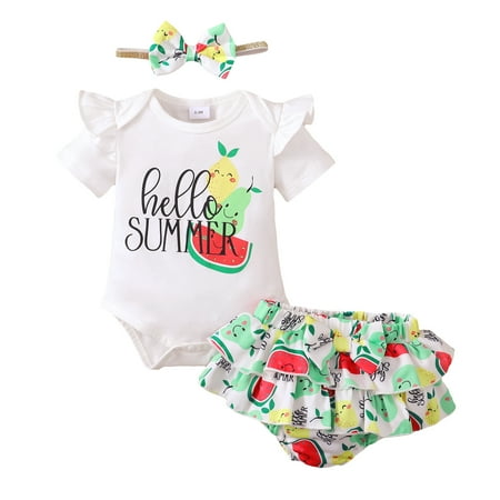 

KIMI BEAR Infant Girls Outfits 6 Months Infant Girl Spring Summer Outfits 12 Months Infant Girl Hello SUMMER Prints Short Sleevle One-pieces + Watermelon Prints Brief Shorts + Headband 3PCS Set White