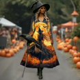 thumbnail image 3 of Halloween Dresses for Women, Long Sleeve V-Neck Halloween Midi Dress Graphic Printed A-Line Fancy Dress Witch Costume Outfit for Party Carnival, 3 of 6
