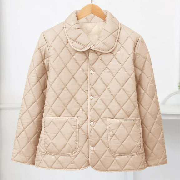 Pounoo Gift Womens Quilted Puffer Jackets Lapel Button Padded Long Sleeve Coat Lightweight Winter Warm Fleece Lined Outerwear
