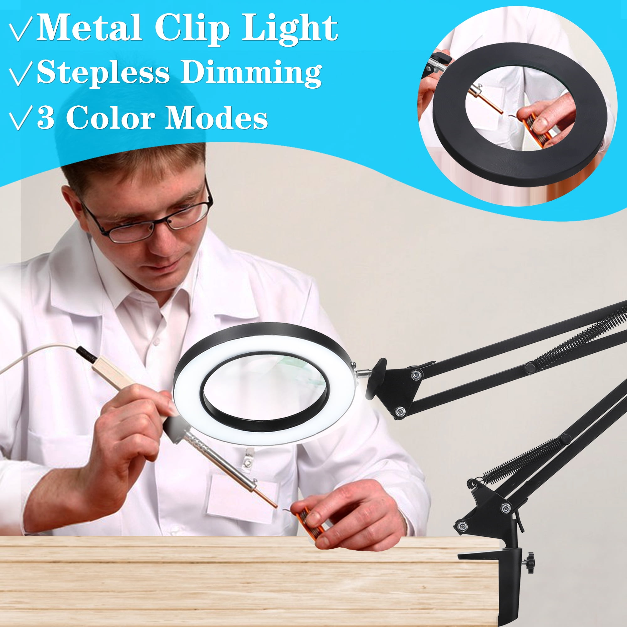 KIRKAS Magnifying Glass with Light and Stand, Real Glass 2-in-1Anti-Tipping Base & Clamp Magnifying Lamp, 3 Color Modes Stepless Dimmable, LED Lighted Magnifier with Light for Hobby Reading Craft