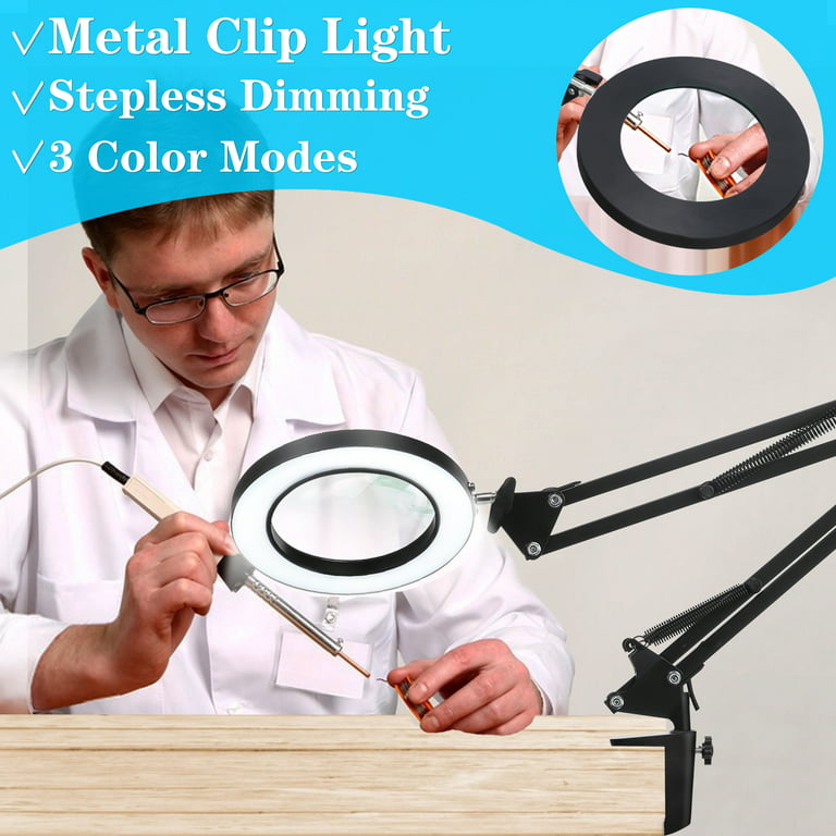 10X Magnifying Glass with Light and Stand, KIRKAS 2-in-1 Stepless Dimmable  LED Magnifying Desk Lamp with Clamp, 3 Color Modes Lighted Magnifier Swivel