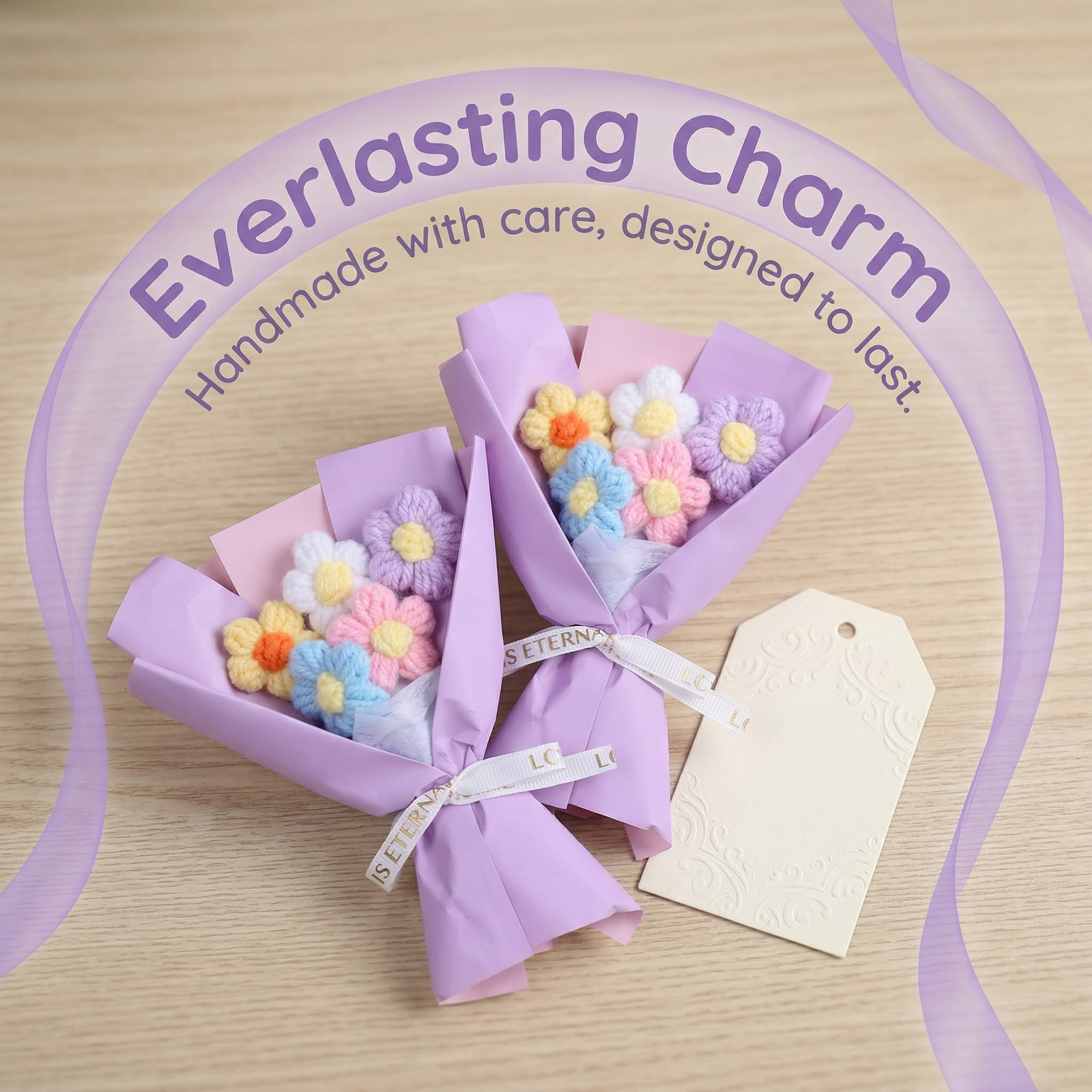 Unique Bargains 4Pcs Handmade Crochet Eternal Knitted Flowers Bouquet Purple Orange 7.1in