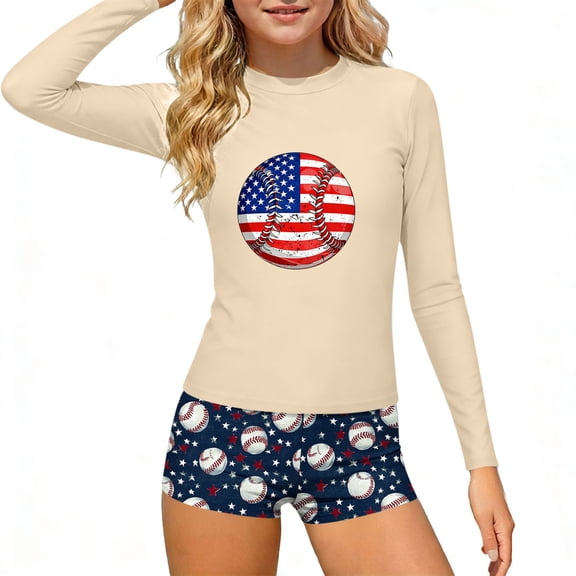 ITSAME Girls Rash Guard Swimwear Long Sleeve Tops and Boyshorts Patriotic Print Beach Swimsuit 2-Piece Multicolor Size 3-4