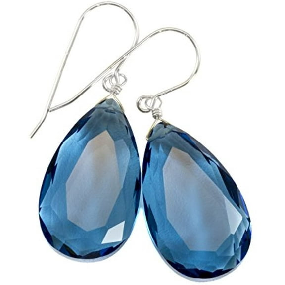 Sterling Silver London Blue Simulated Topaz Earrings Faceted Large Pear Teardrops Simple Briolette Dangle Drops