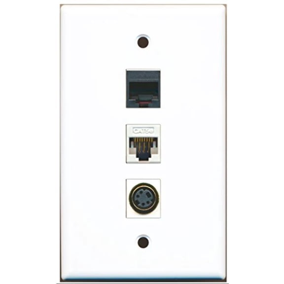 RiteAV - 1 Port Phone RJ11 RJ12 Black and 1 Port S-Video and 1 Port Cat5e Ethernet White Wall Plate