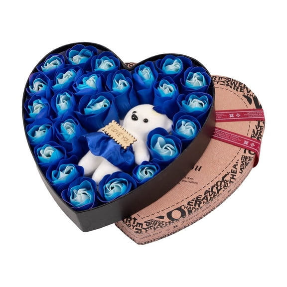 Mecorevxz Soap Flower Rose Iron Basket Valentines Day Ambiance Decoration Gift 25 Soap Flowers Ornaments with Cute Bear(Blue)