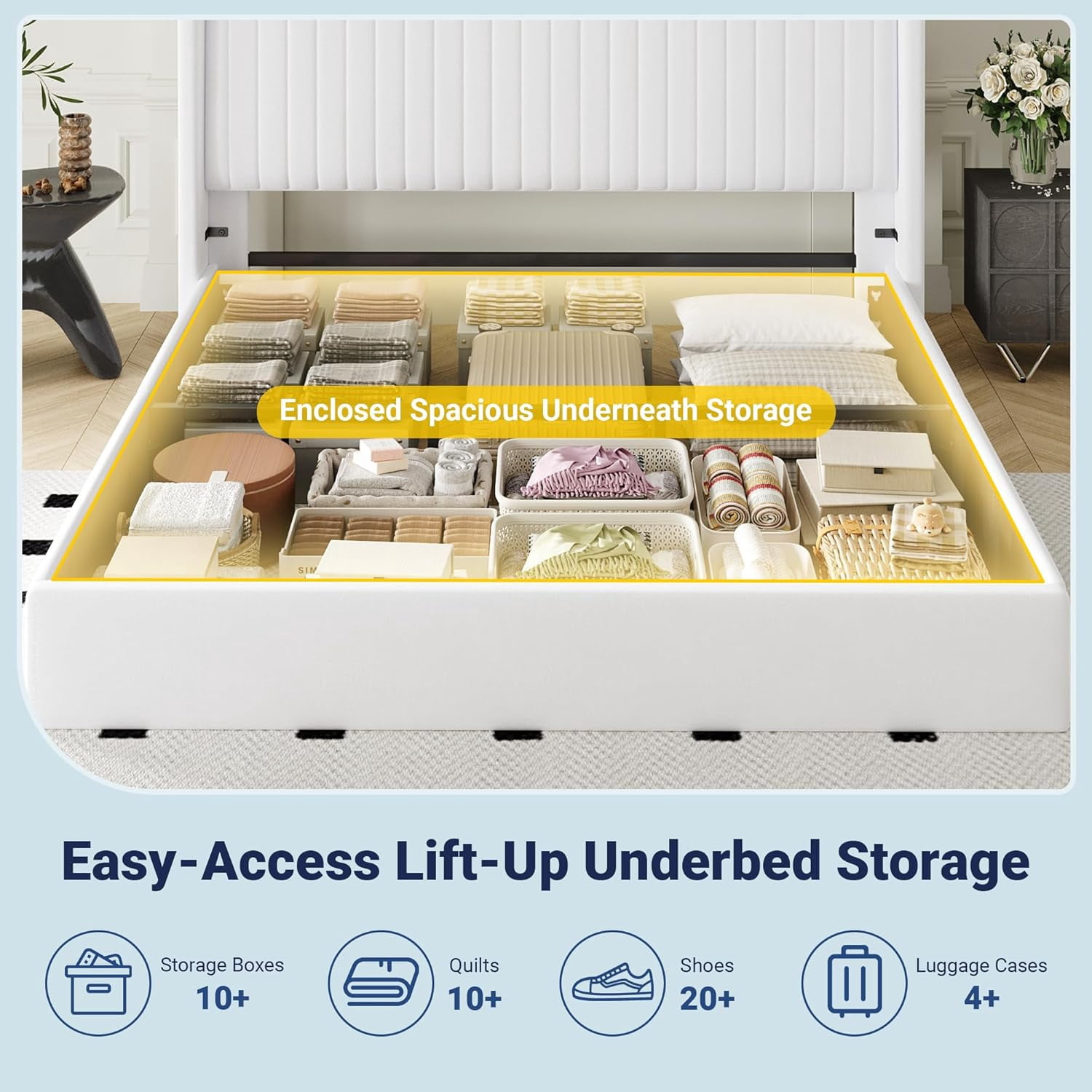 Allewie King Size Lift Up Storage Bed Frame, Hydraulic Support System, Upholstered Platform Bed Frame, Vertical Channel Tufted Headboard with Wingback, White