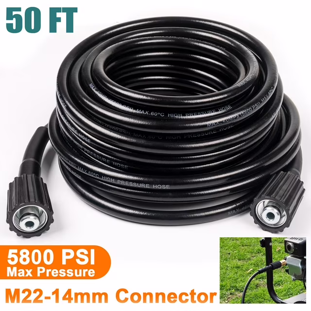 Pressure Washer Hose 50FT, Heavy-Duty Power Washer Extension Hose 5800 PSI with M22-14mm Fittings, Flexible High Pressure Hose for Gas and Electric Pressure Washers