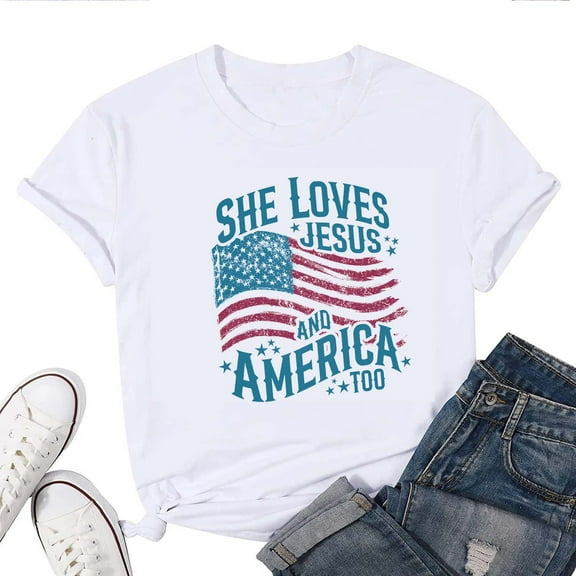 She Loves Jesus and America Too Women's T-Shirt – Christian Patriotic Graphic Tee, Faith and Freedom, 4th of July USA Top