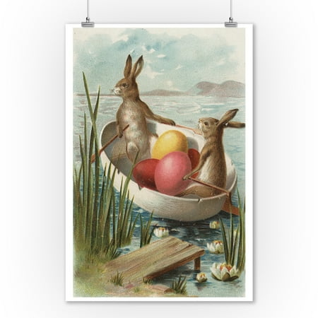 Little Egg Wall Art Easter - Bunnies in a Boat with Colored Eggs - Vintage Holiday Art (9x12 Art Print, Wall Decor Travel Poster) ()