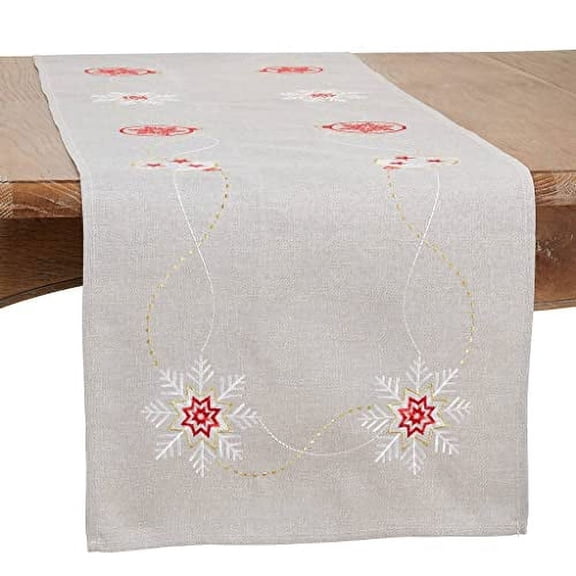 Fennco Styles Embroidered Ornaments & Snowflake Holiday Table Runner 16" W x 72" L - Silver Festive Table Cover for Christmas, Family Gathering, Banquets and Special Events