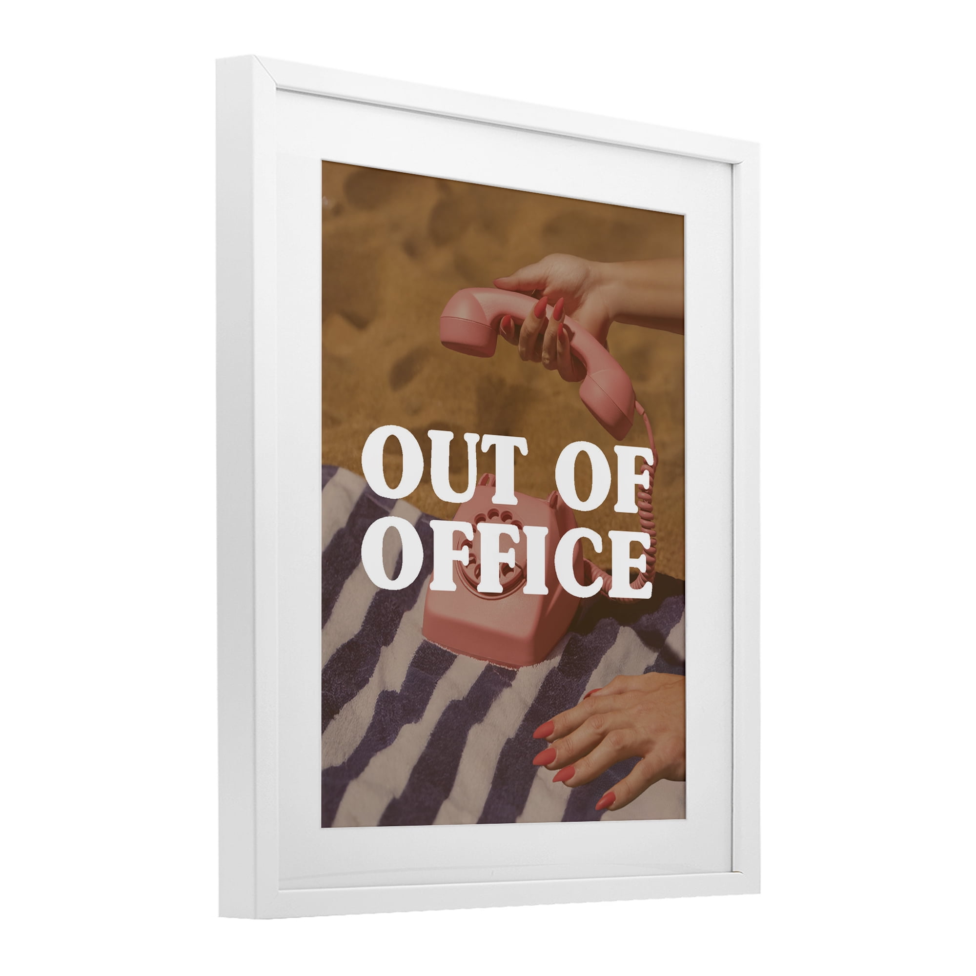 Out of Office Pink Phone White Framed Print Under Glass, design by Lil' Rue