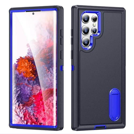SaniMore for Samsung Galaxy S22 Ultra 6.8" 2022 Hybird Case, Rugged PC Back Shockproof TPU Shell Metal Hidden Kicksatnd Drop Resistant Anti-slip Heavy Duty Protective Case, Blue+Navy