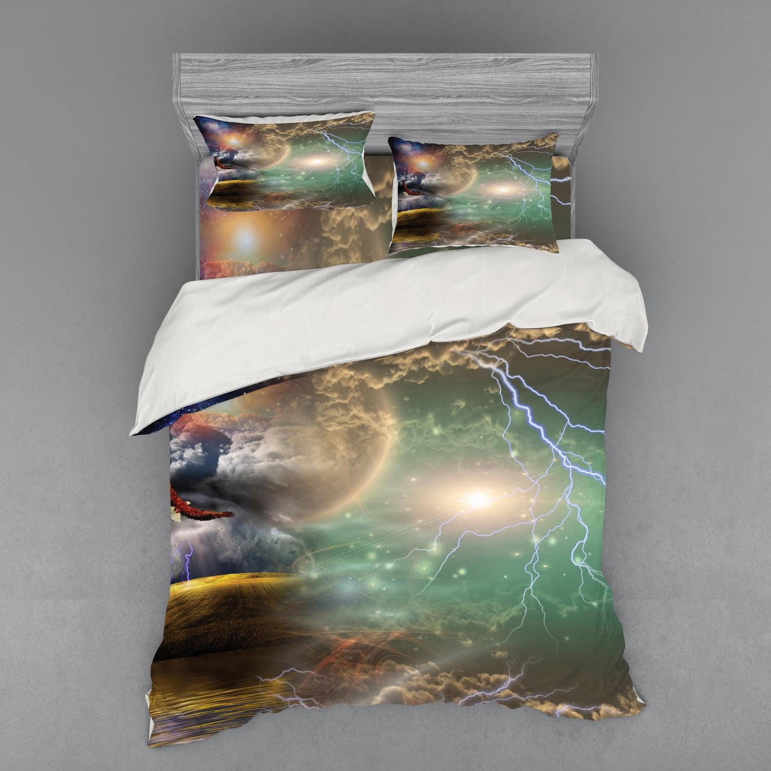 Fantasy Duvet Cover Set, Different Sky Celestial Events with an Eagle Thunderstorm Clouds Outer