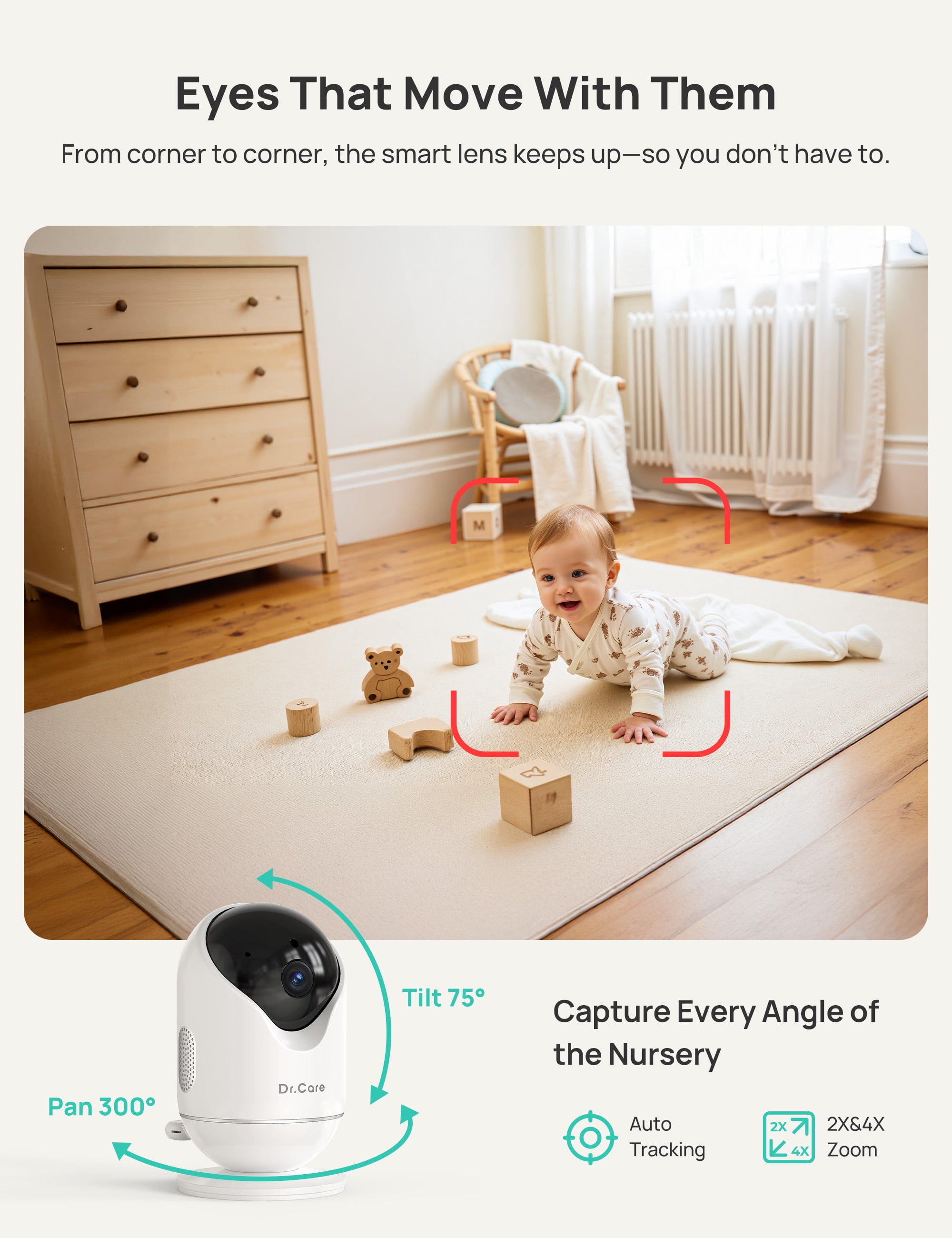 Dr.Care 5" Smart WiFi Baby Monitor with 2K HD Security Camera,APP Control, Cry & Motion Detection,Pan-Tilt-Zoom,Temp, Nightvision, 2-Way Talk