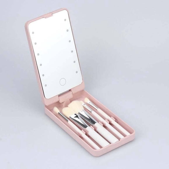 Pinceles de maquillaje, kit de maquillaje de viaje, juego de brochas de maquillaje con espejo de luz LED, espejo con juego de 5 brochas de maquillaje, caja de almacenamiento de brochas de maquillaje c