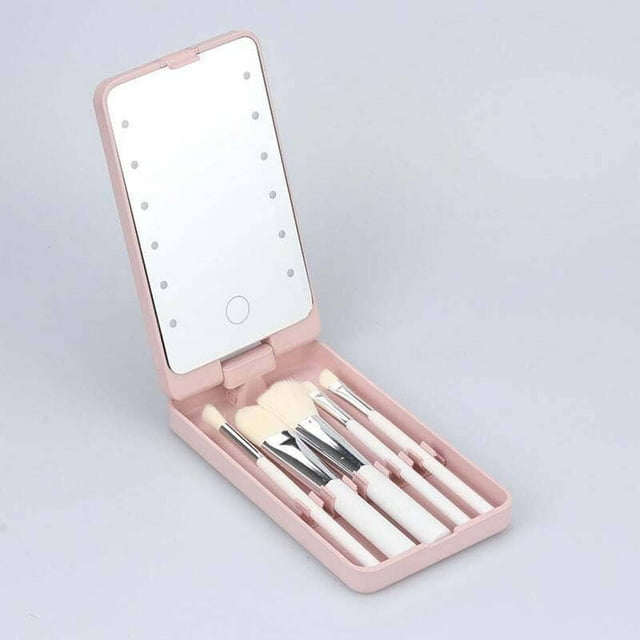 Pinceles de maquillaje, kit de maquillaje de viaje, juego de brochas de maquillaje con espejo de luz LED, espejo con juego de 5 brochas de maquillaje, caja de almacenamiento de brochas de maquillaje c