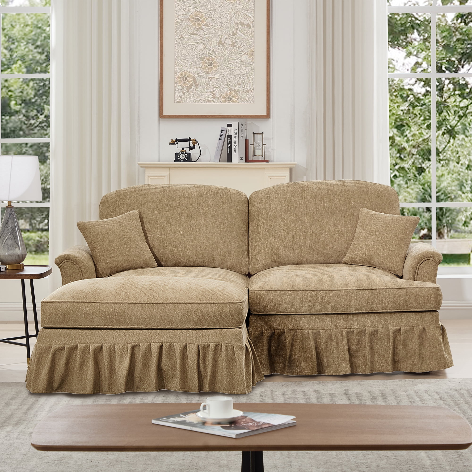 Newest Elegant Large Two Seater Modular L Shaped Sofa Couch, Flared Arms, Removable Ruffles Pleats Skirts, Spindle Legs,Comfy Chenille Loveseat Sofa, Movable Ottoman,Light Coffee