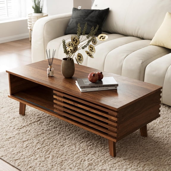 Hanyu Mid Century Coffee Table with Storage & Sliding Fence Door, Modern Coffee Tables for Living Room, Walnut Finish