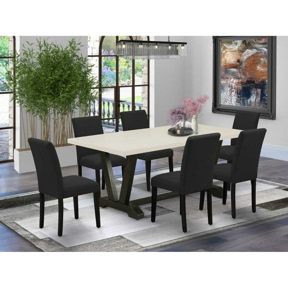 East West Furniture V-Style 7-piece Wood Dining Set in Black and White