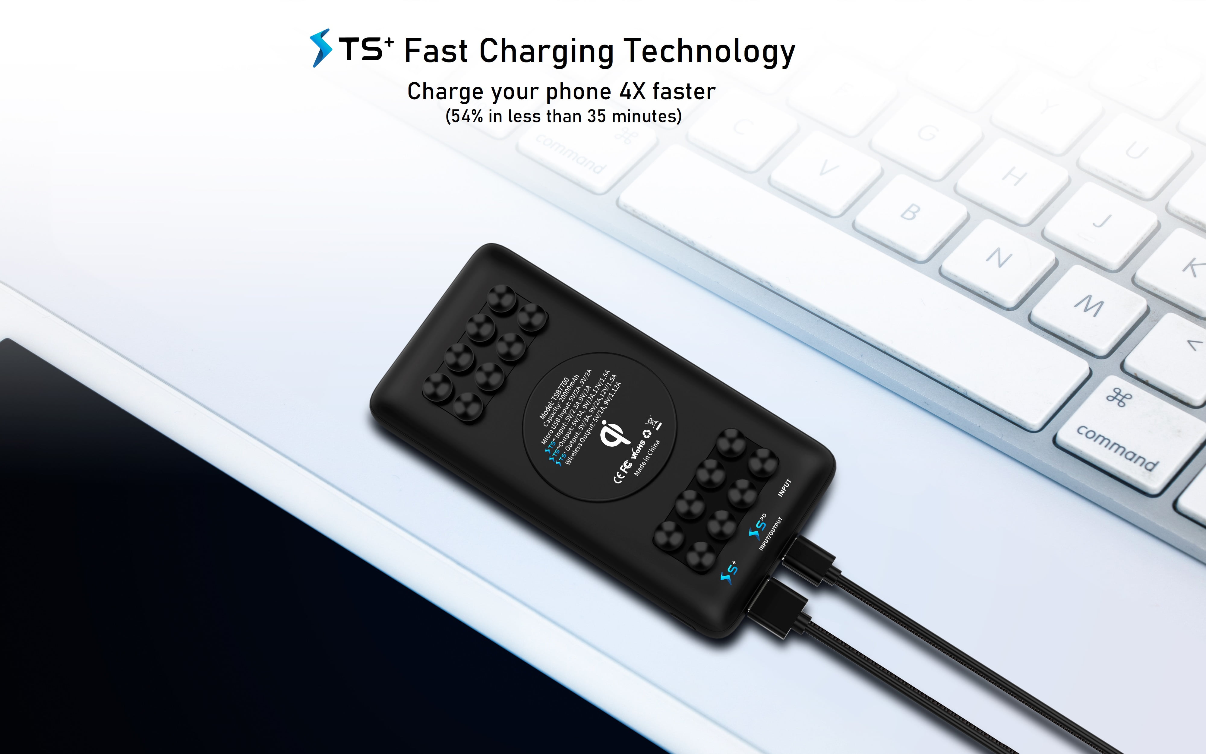 Techsmarter 20000mAh Qi Wireless Power Bank with Anti-slip Suction Cups, 18W USB-C Portable Charger. Compatible with iPhone 14, 13, 12, XS, X, XR, Samsung S22, S21, S20, S10, S9, LG ThinQ