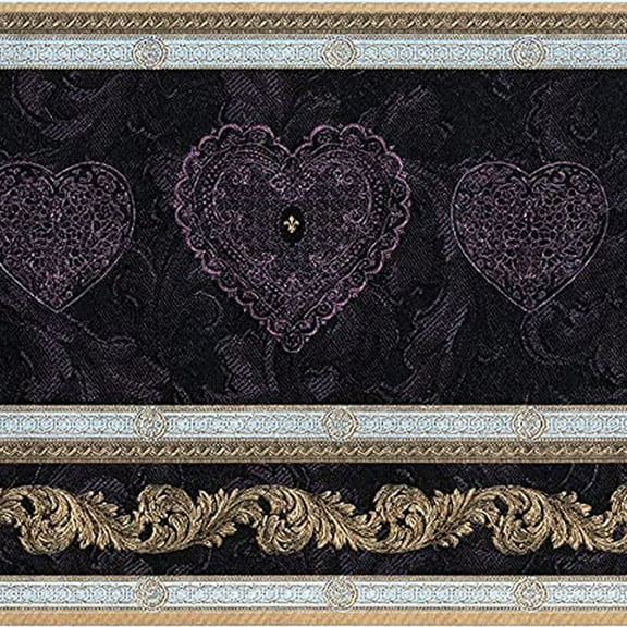 Concord Wallcoverings Wallpaper Border Damask Pattern Hearts and Curls Dark Ideal for Bedroom Powder Room and Dining Area, Violet Gold Silver, 6.7 in x 15 Ft Des57817