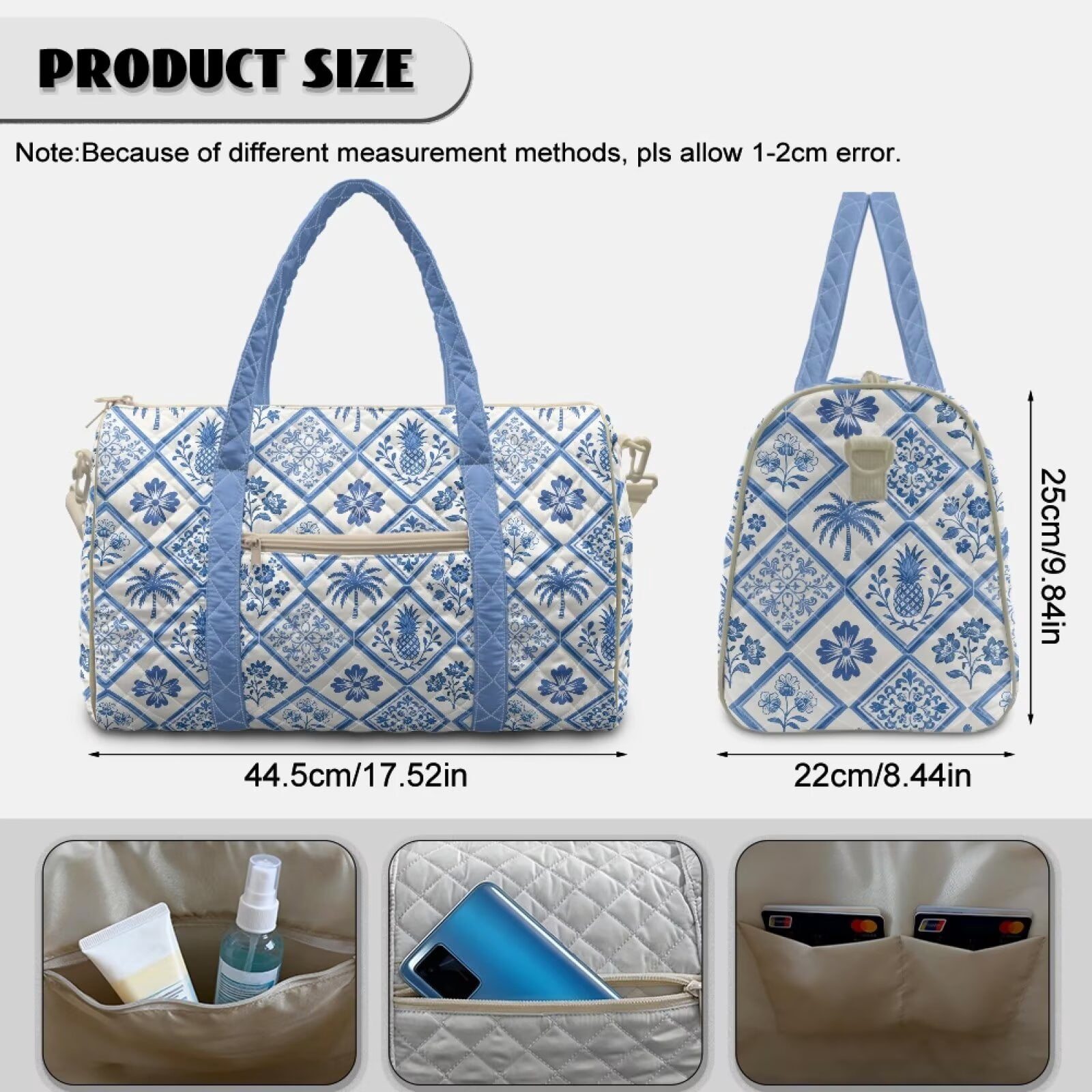 Pzuqiu Blue White Tile Print Quilted Weekender Bag for Women Travel Bags with Multiple Compartments Large Puffy Travel Duffle Tote Lightweight Carry On Overnight Gym Bag