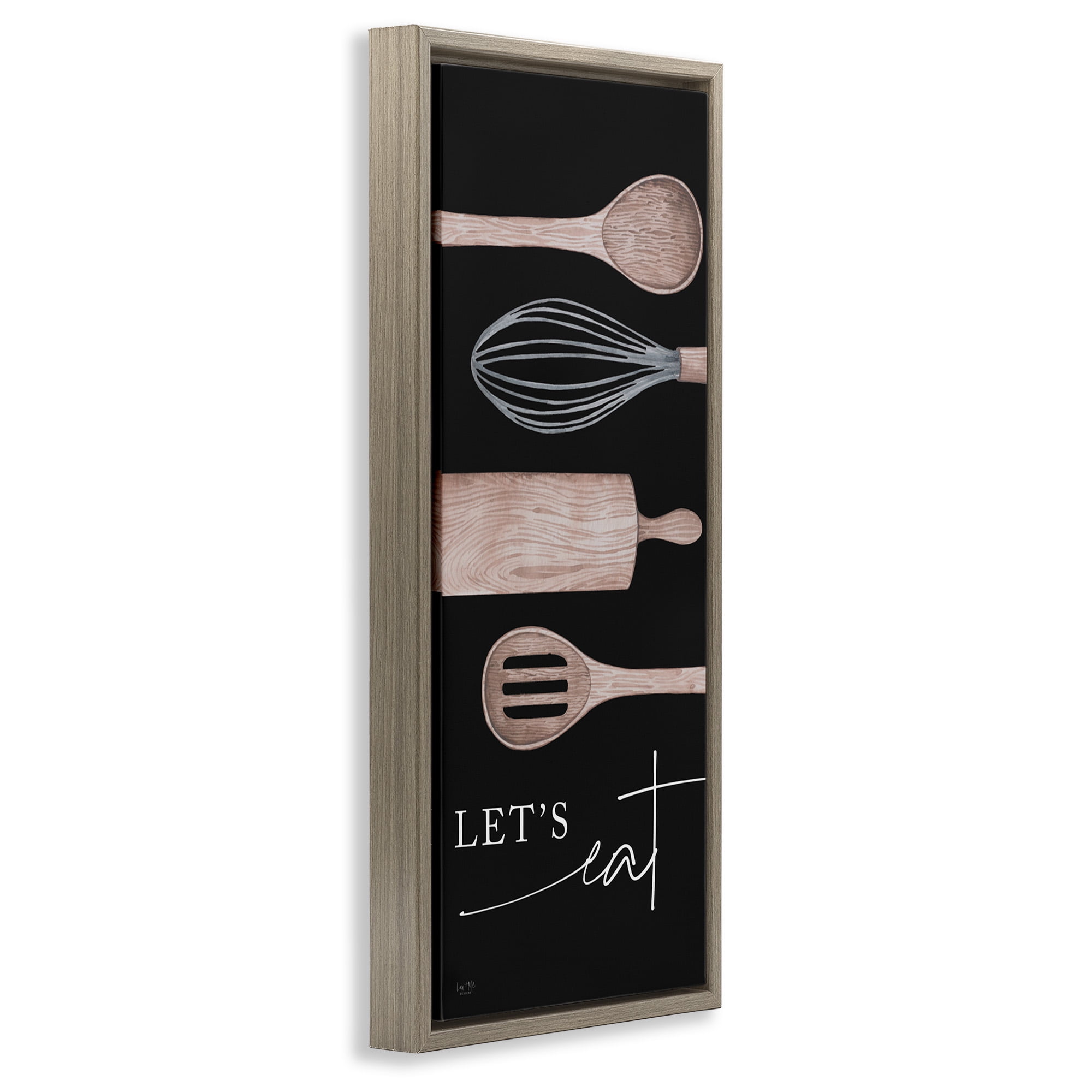 Stupell Industries Let's Eat with Kitchen Utensils Food & Beverage Painting Brown Floater Framed Canvas Art Print Wall Art, 11 x 25