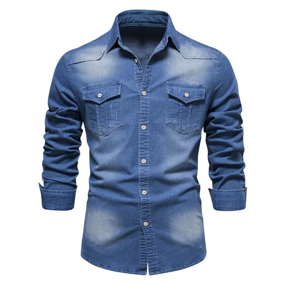 YFNNUP Mens Denim Shirt Long Sleeve Slim Fit Jean Shirt for Men Button Down Causal Denim Shirts