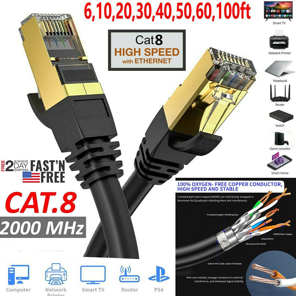 Switch Veetop 30ft Flat Cat8 Ethernet Cable White 26AWG Cat 8 Network Internet LAN Cable High Speed 40Gbps 2000Mhz Gigabit SSTP RJ45 Gold Plated Connector for Router Xbox,Gaming Modem