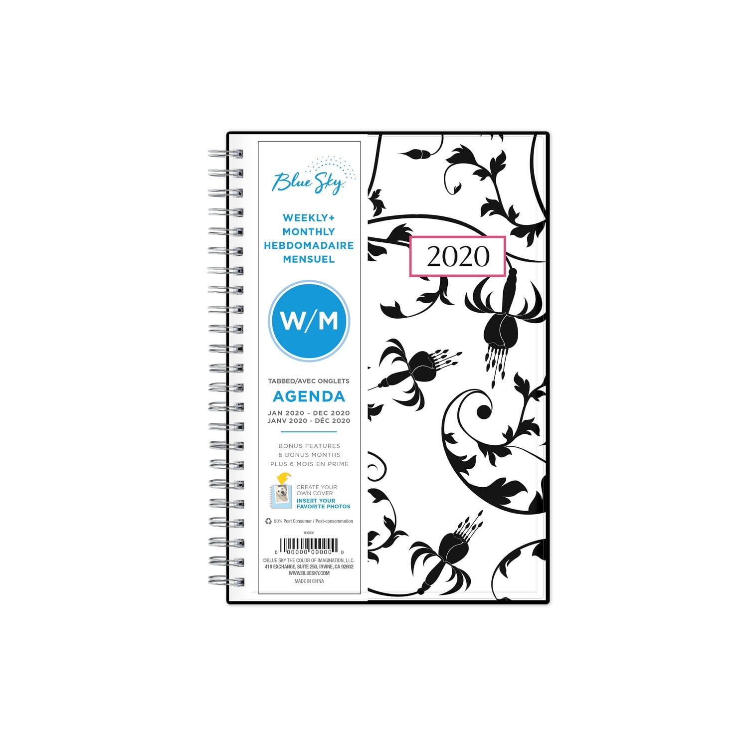 Agenda hebdomadaire/mensuel à couverture personnalisable Blue Sky Analeis, format moyen, année 2020