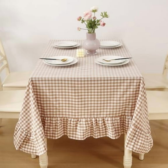Taupe White Gingham Ruffled Table Cloth Rectangular for Seat 8-10, 100% Washed Cotton Buffet Cottage Coquette Checker Plaid Vintage Decorative Tablecloth - 120“x60