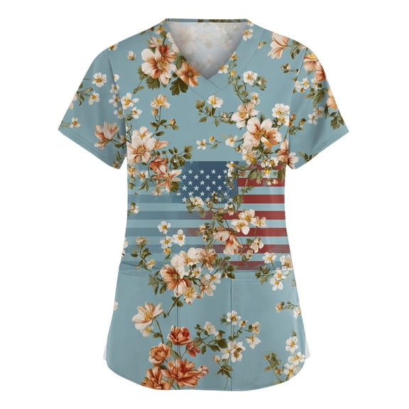 Sewkxo Women's Scrub Top American Independence Day Graphic Short Sleeve V Neck Scrub Tee Shirts Loose Summer Uniform Nursing Top with Pockets,Cyan M