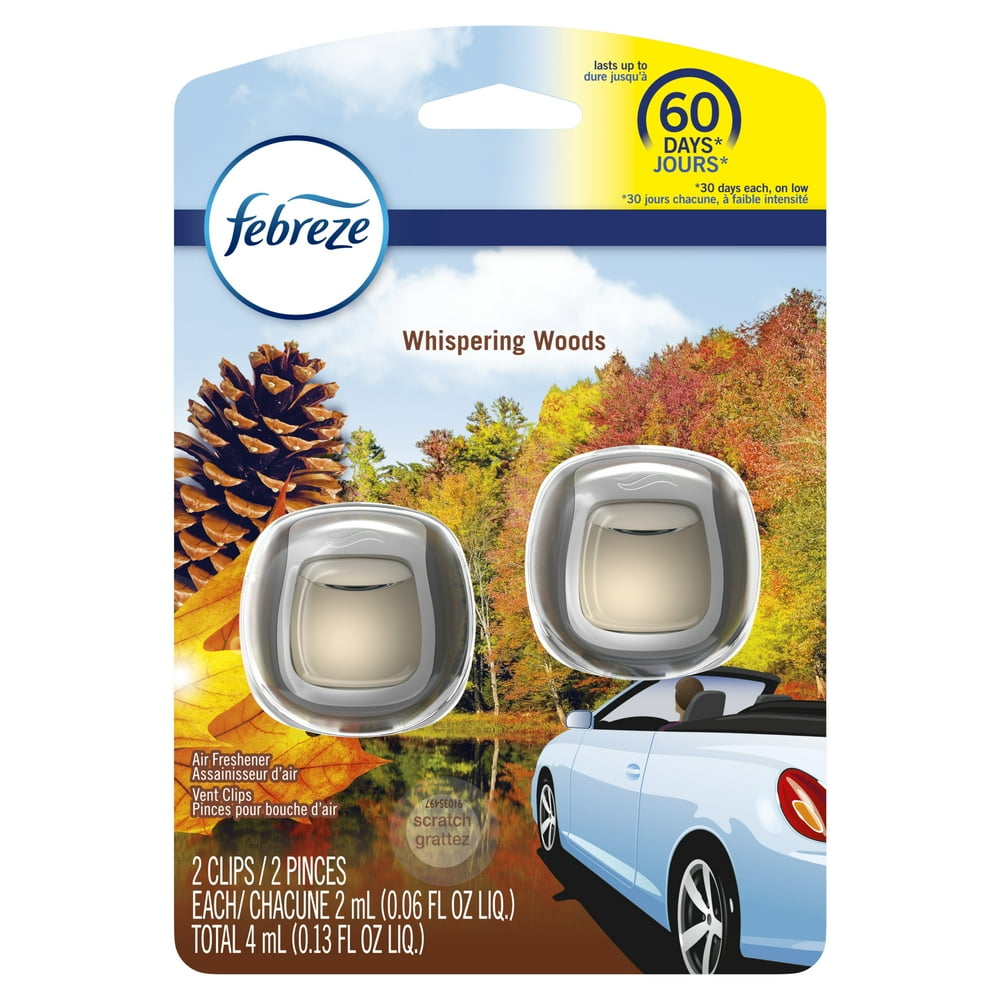Febreze Car OdorEliminating Air Freshener, Whispering Woods, 2 ct
