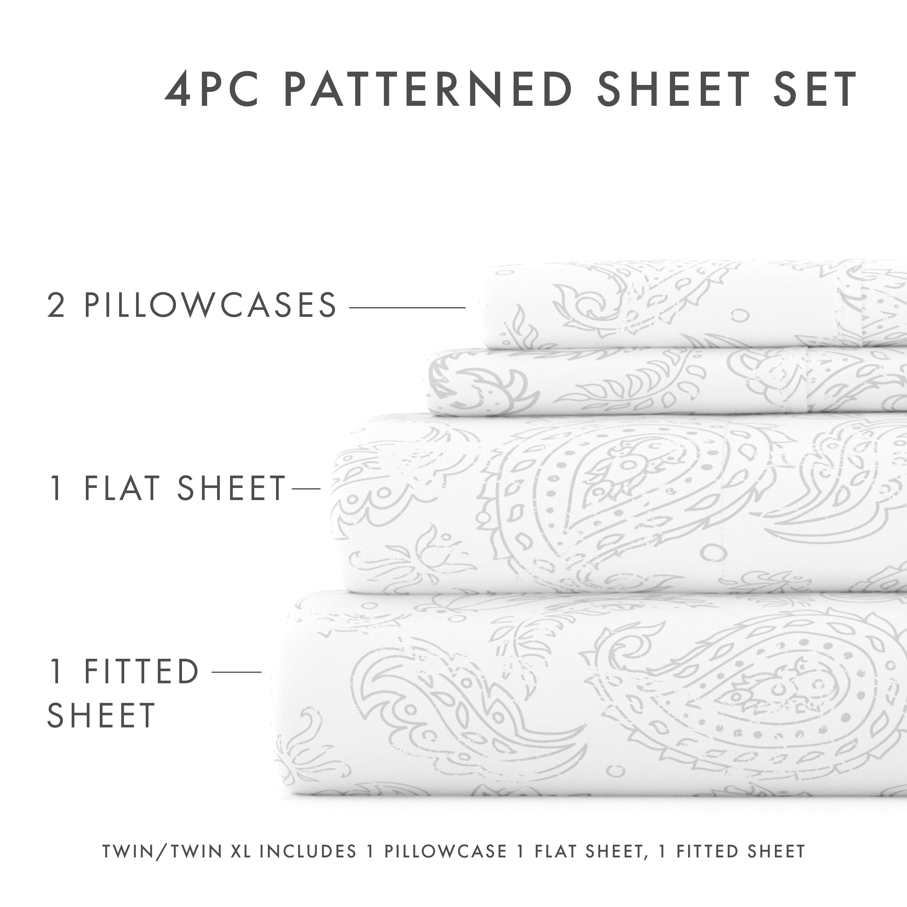Noble Linens 4 Piece Pattern Microfiber Bed Sheets Set, Gray Coarse Paisley, King