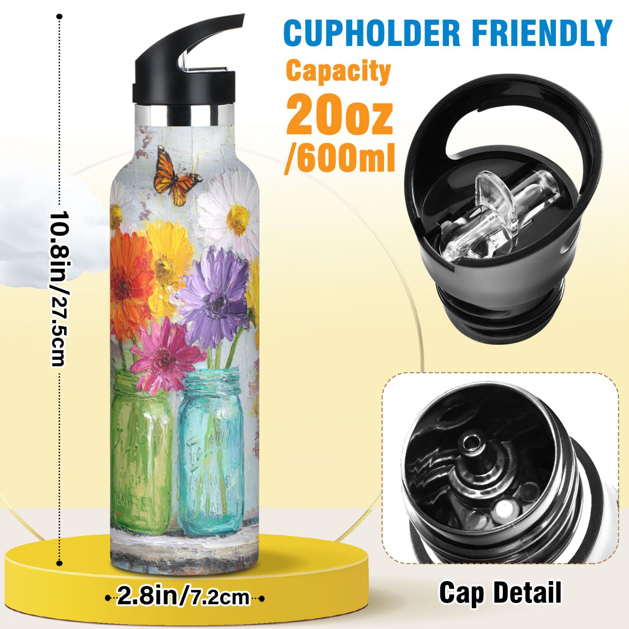 Kids Insulated Stainless Steel Sports Water Bottle 600ml (20oz) Colorful Daisies and Butterflies