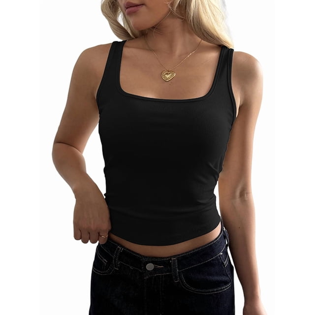 Women Rib Tank Top Padded Workout Top Square Neck Crop Tank Fitted Basic Camisole Tops
