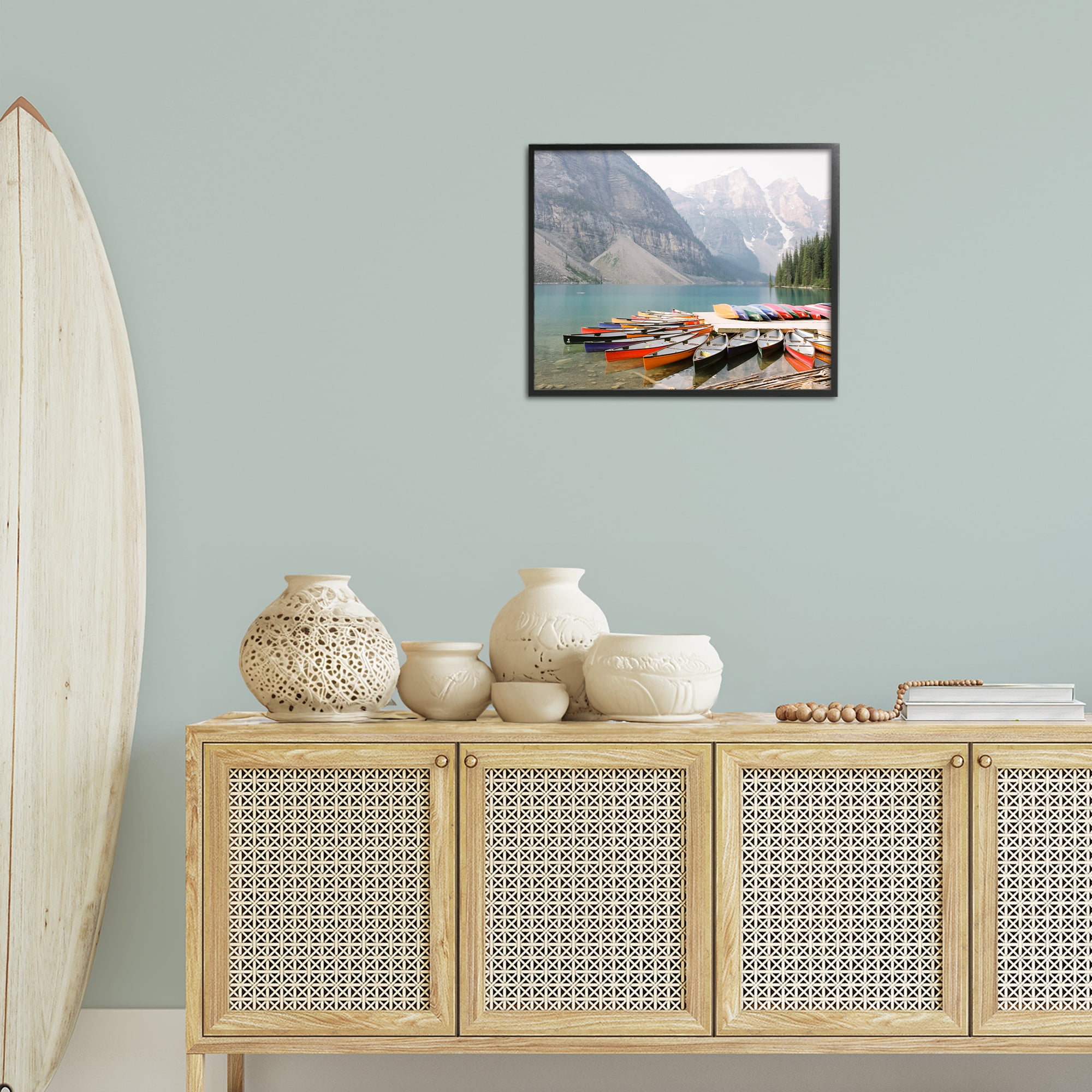 Stupell Industries Cliffside Canoe Dock Landscape Photography Black Framed Art Print Wall Art, 20 x 16