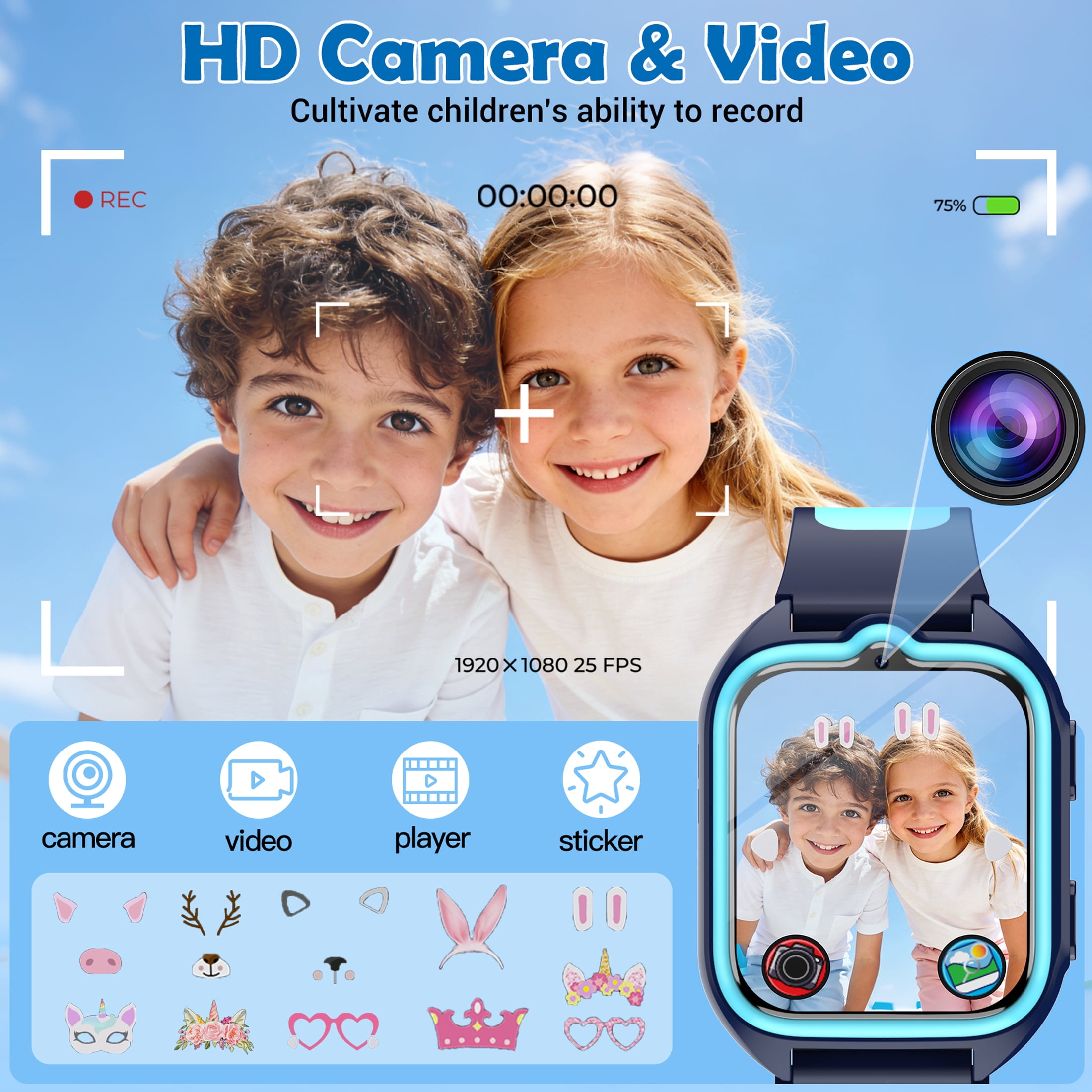 Blackview Kids Smart Watch for Boys Girls, 1.75" HD Touch Screen, 32 Educational Games, Music Player, Habit Tracker, Pedometer, IP68 Waterproof, Alarm Calculator, Gift Idea (Blue)