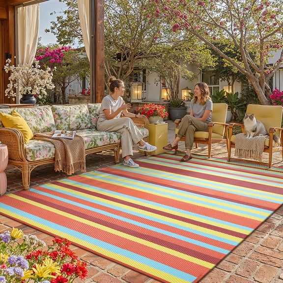 BERTHMEER 6'x9' Multi Color Outdoor Rugs Clearance,Easy Clean Waterproof Plastic Straw Patio Rugs for Deck,Camping,Beach,Picnic,Garden and Balcony