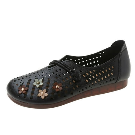 

Womens Shallow Mouth Round Toe Hollow Flower Women Shoes Comfortable Lightweight Flat Casual Shoes Pu casual shoes for Women Black