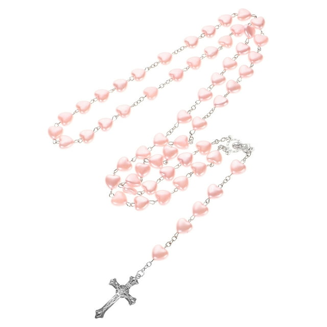 BRIGHTFUFU Elegante collar de rosario con cuentas de corazón Collar de rosario único para mujer Collar vintage con cuentas de vidrio Collares con colgante de cruz