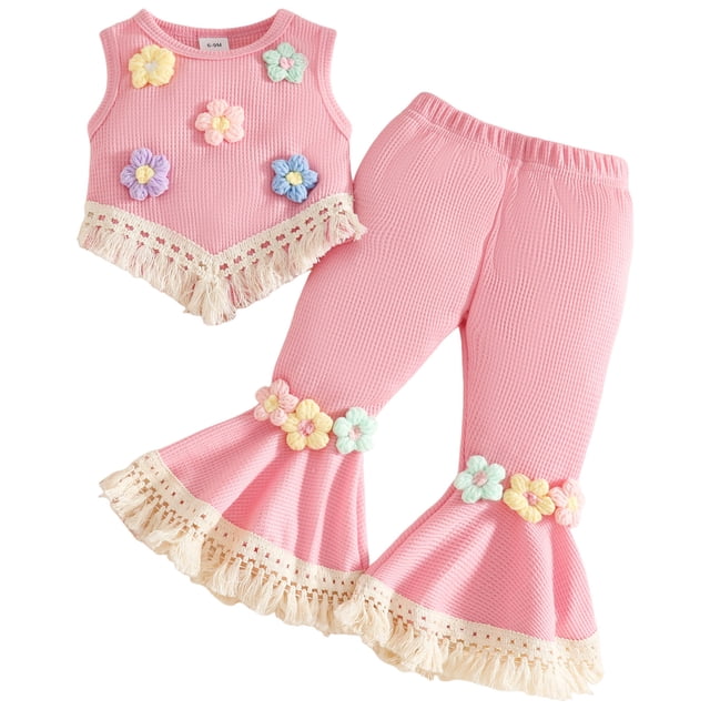 DXOUPM Girls Clothes Outfits Kids Ruffle Sleeveless Shirt and Flared Pants with Fringed Hem