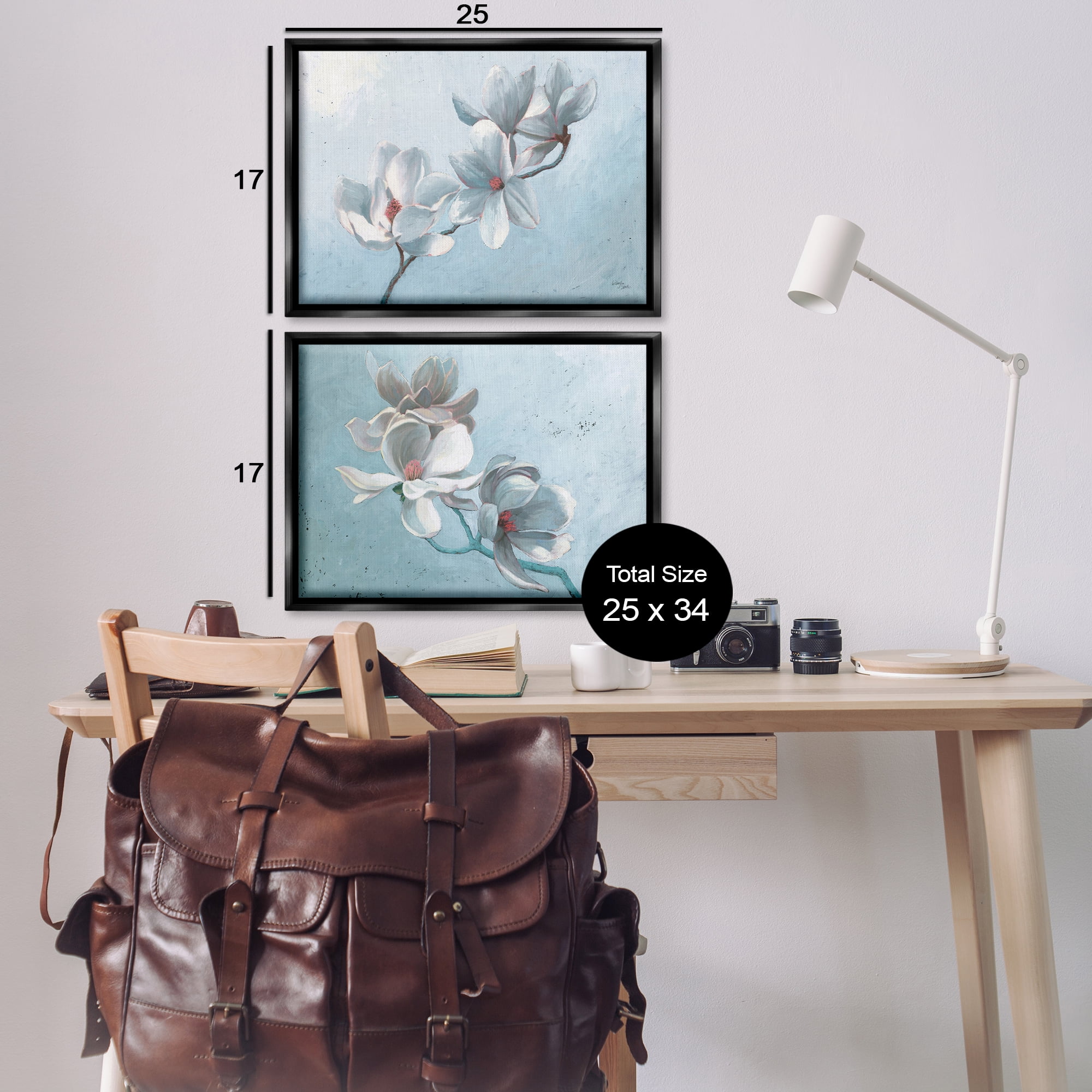 Stupell Industries Single Magnolia Branch Blossoms Plants & Flowers Painting Black Floater Framed Canvas Art Print Wall Art, 25 x 17, Set of 2