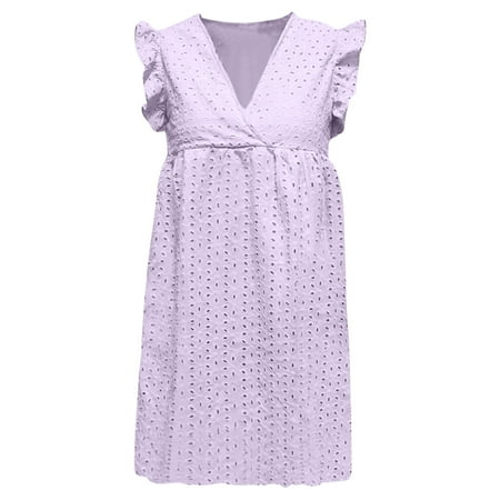 VSSSJ Women s Summer Lace Eyelet Mini Dresses Casual Loose Solid Color V Neck Above Knee Ruffle Cap Sleeve Cute Babydoll Dress