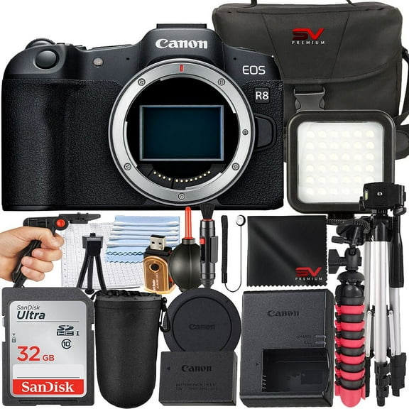 Canon EOS R8 Mirrorless Camera (Body Only) with SanDisk 32GB Memory Card   Case   Tripod   SV Premium Accessory Bundle (International Version)